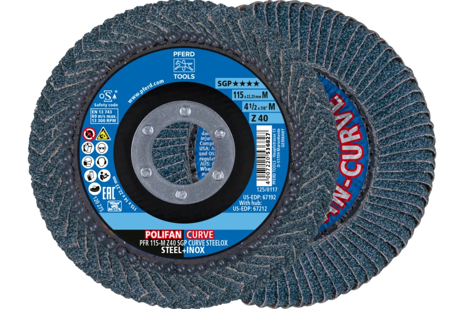 Picture of Pferd Flap Disc, 4-1/2" x 7/8, Z SGP Curve Steelox, 40 Grit, Medium Radius, Zirconia
